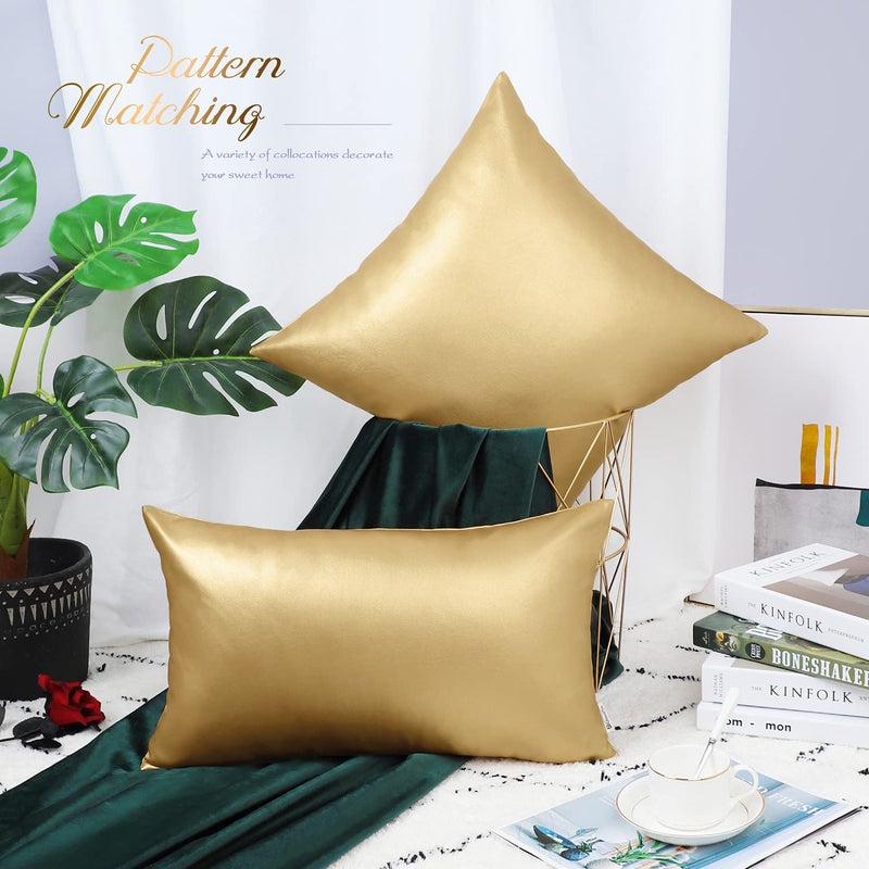 BRAWARM Faux Leather Throw Pillow Covers 16 X 16 Inches - Gold Leather Pilow Covers Pack of 2, Solid Dyed Leather Pillowcases for Couch Bed Sofa Garden Home Decorative - Image 3